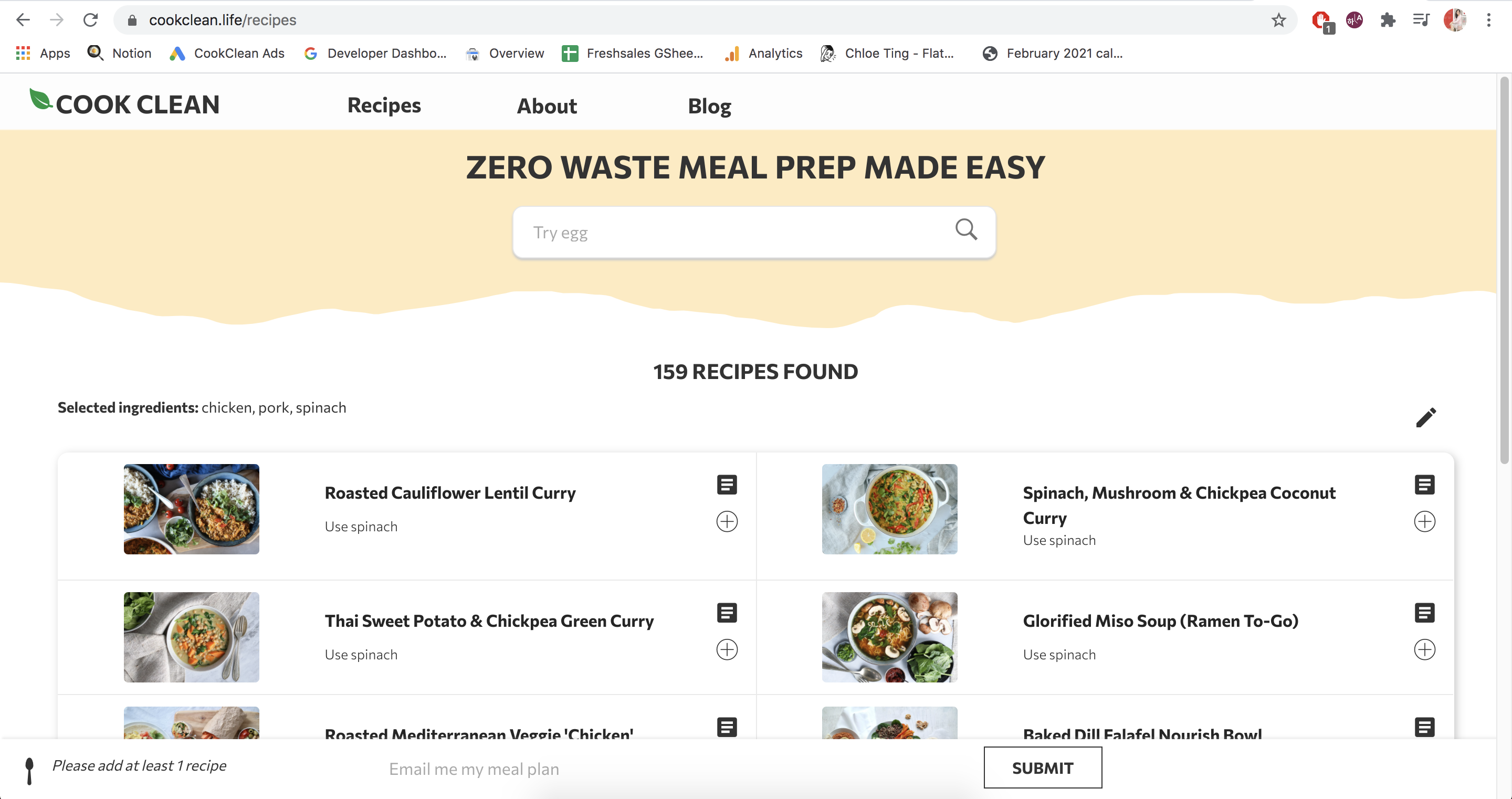 Recipes page: Select recipes for your meal prep